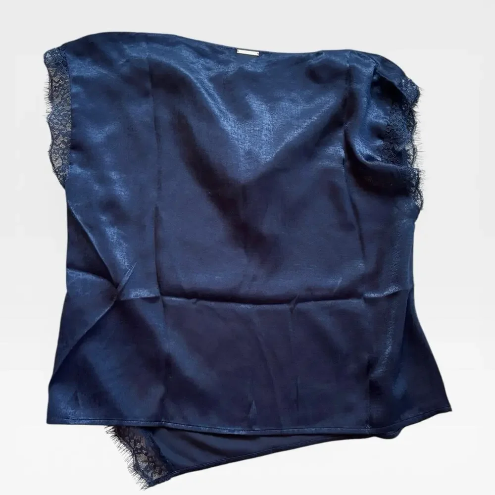 Michael Kors Satin Lace Trim Top Navy Blue Sleeveless Blouse Size L NWT $98